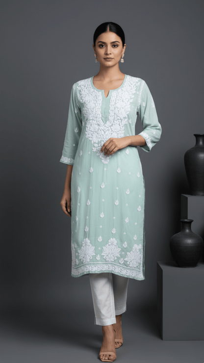Ayesha Chikankari Pure Modal Kurtis Soft Ocean Blue