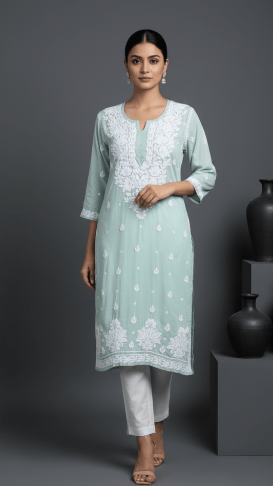 Ayesha Chikankari Pure Modal Kurtis Soft Ocean Blue