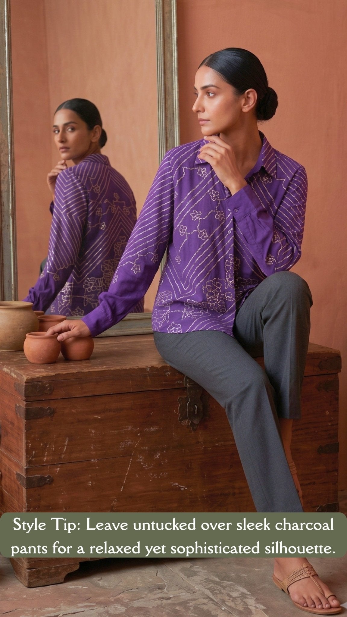 Bandhani-Inspired Geometric & Floral Premium Crepe Relaxed-Fit Shirt