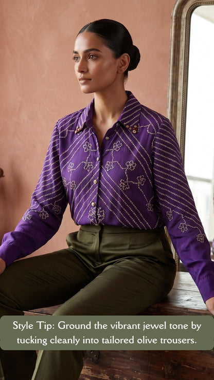 Bandhani-Inspired Geometric & Floral Premium Crepe Relaxed-Fit Shirt