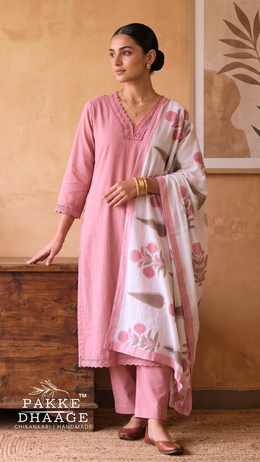 Blush Pink Pure Cotton Subtly Printed Kurta Set with Embroidered Neck and Floral Dupatta