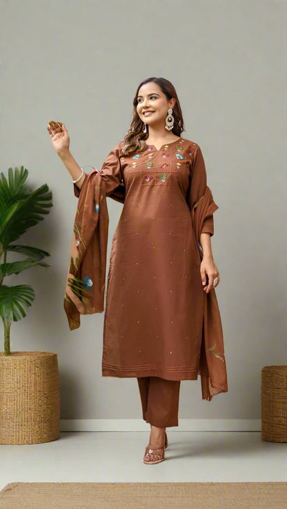 Woman in a brown traditional kurti set with matching dupatta standing in an outdoor setting with plants and a wooden door.