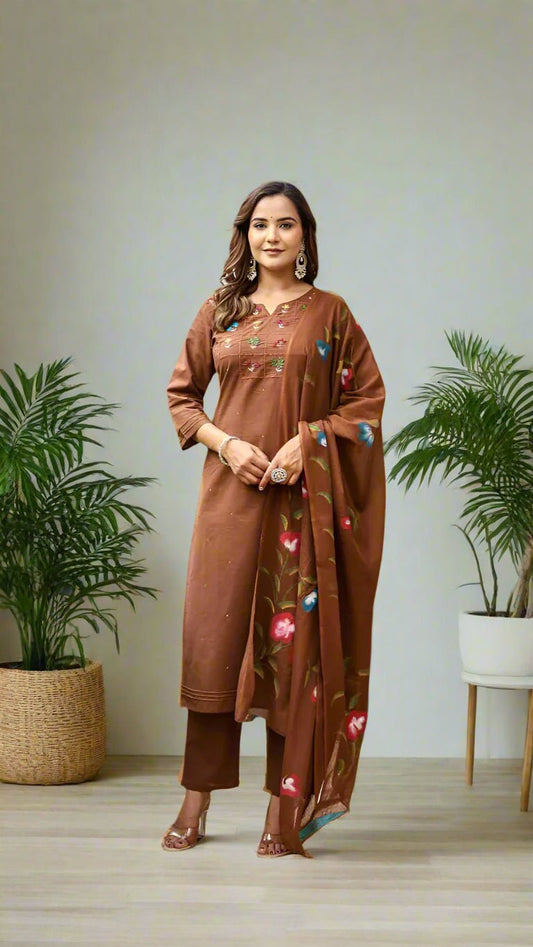 Woman in a brown traditional kurti set standing in an outdoor setting with plants and a wooden door.