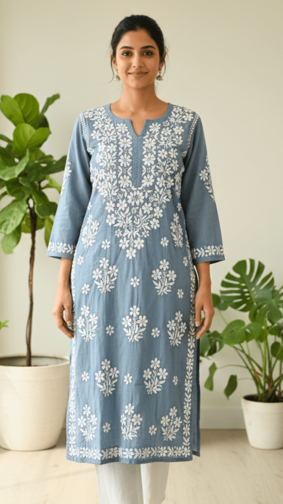 Dapper Denims Chikankari Long Kurti - Grey