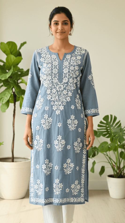 Dapper Denims Chikankari Long Kurti - Grey