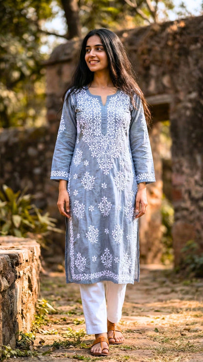 Dapper Denims Chikankari Long Kurti - Grey