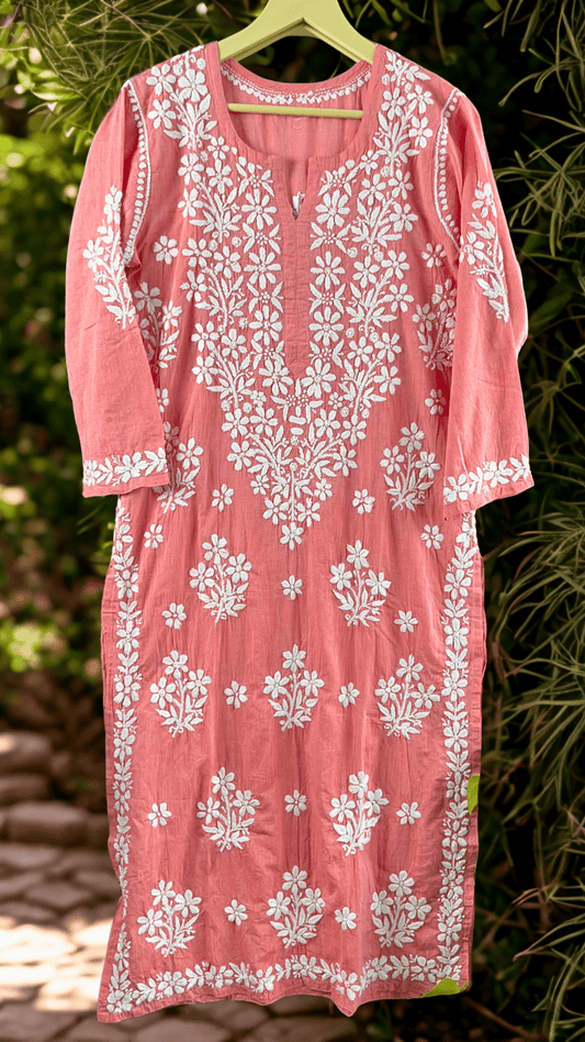 Dapper Denims Chikankari Long Kurti - Peach