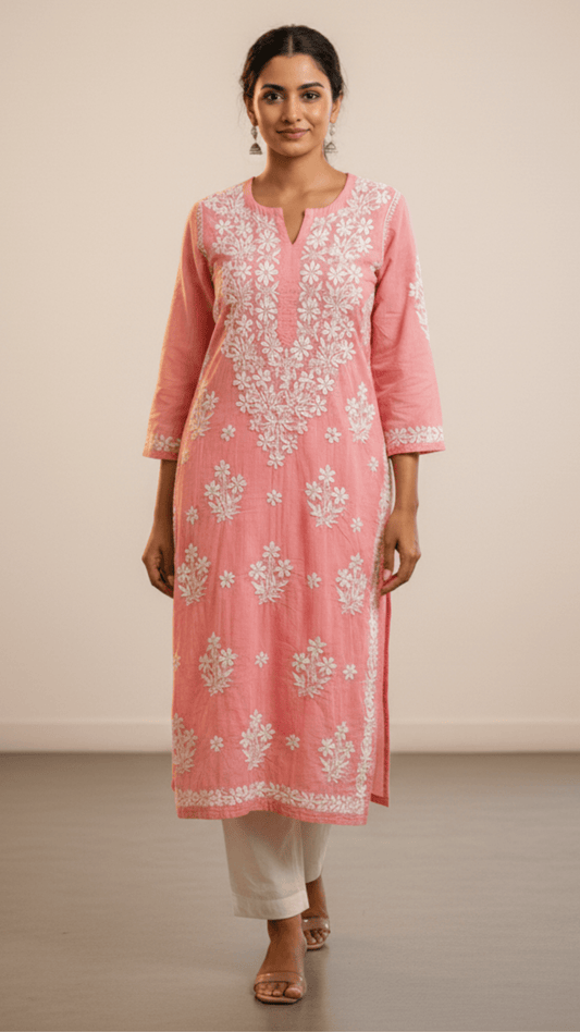 Dapper Denims Chikankari Long Kurti - Peach