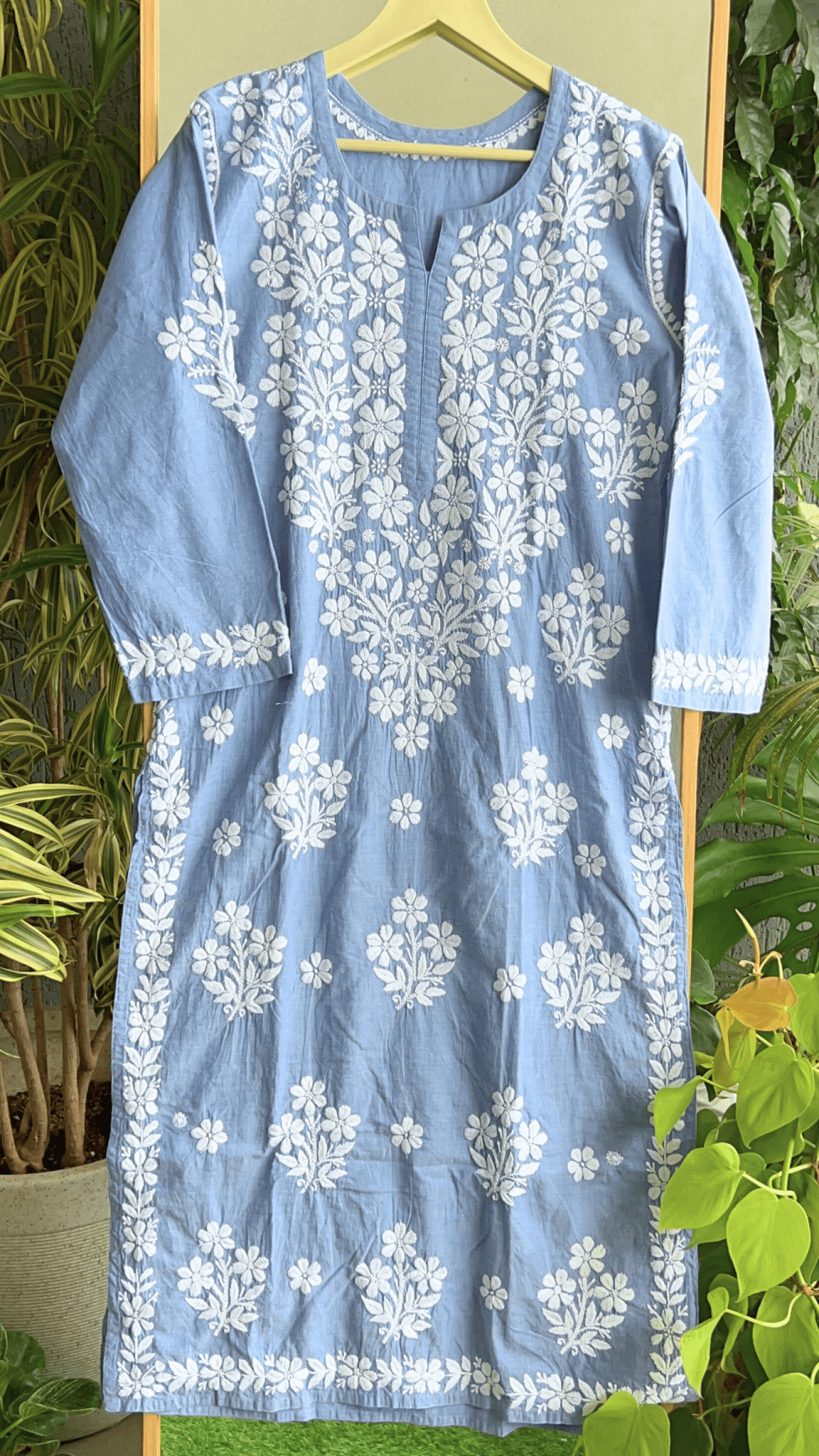 Dapper Denims Chikankari Long Kurti - Powder Blue