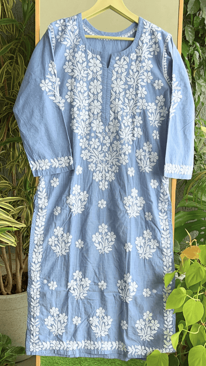 Dapper Denims Chikankari Long Kurti - Powder Blue