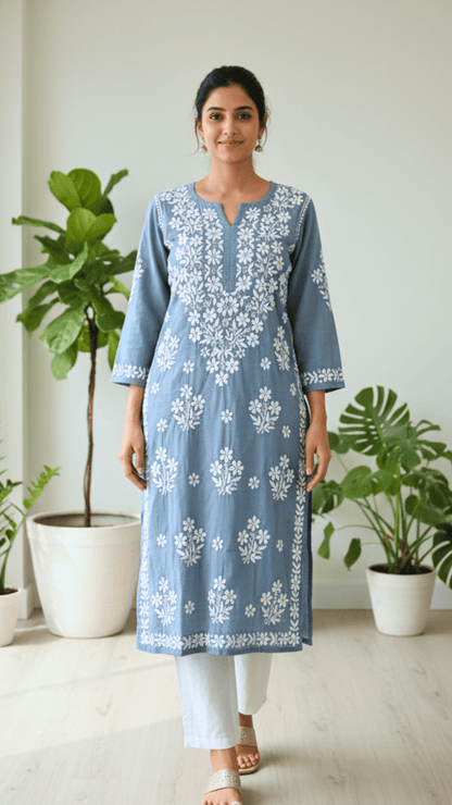 Woman wearing a blue floral chikankari embroidered kurta with white pants in a room with plants.