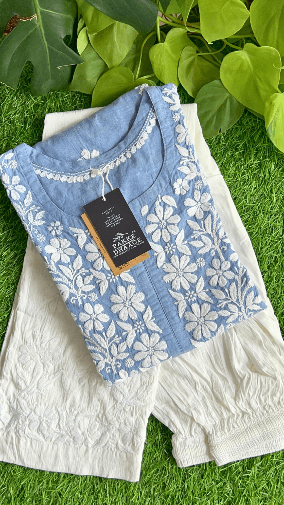 Dapper Denims Chikankari Long Kurti - Powder Blue