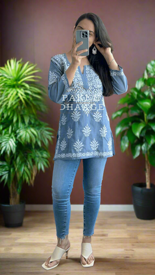 Woman wearing Grey Chikankari Kurti