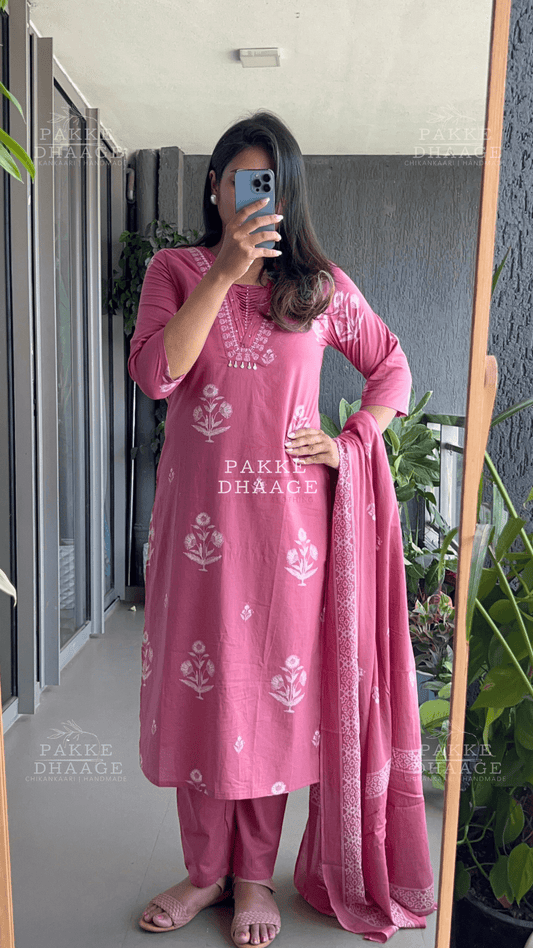 Dusty Rose Pink Pure Cotton Suit Set