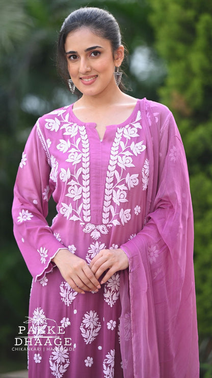 Falak Cutwork Pure Muslin Ombre Kurta Set with Dupatta 3-Pc Set - Ombre Ombre Purple