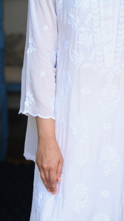 Falak Cutwork Pure Muslin Ombre Kurta Set with Dupatta 3-Pc Set - Pearl White