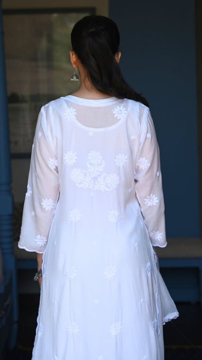 Falak Cutwork Pure Muslin Ombre Kurta Set with Dupatta 3-Pc Set - Pearl White