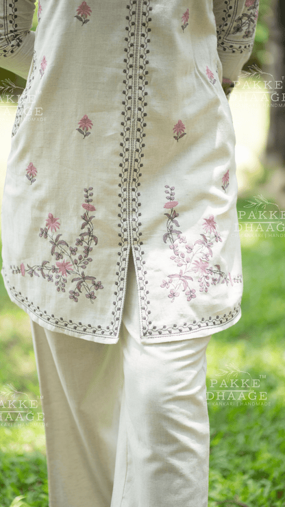 White embroidered co-ord set with patterns