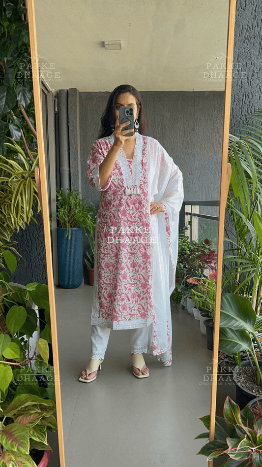 Floral Grace Jaipuri Suit Set - Pink Carnation