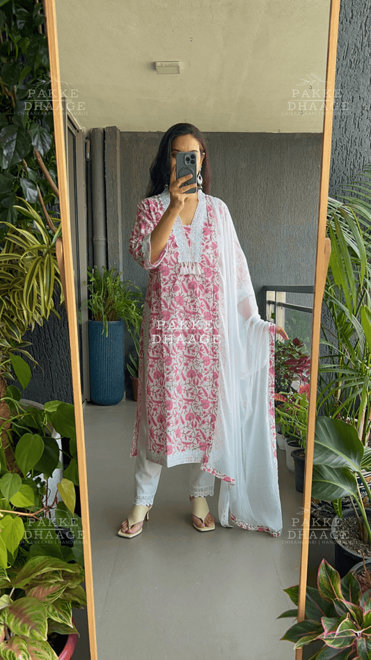 Floral Grace Jaipuri Suit Set - Pink Carnation