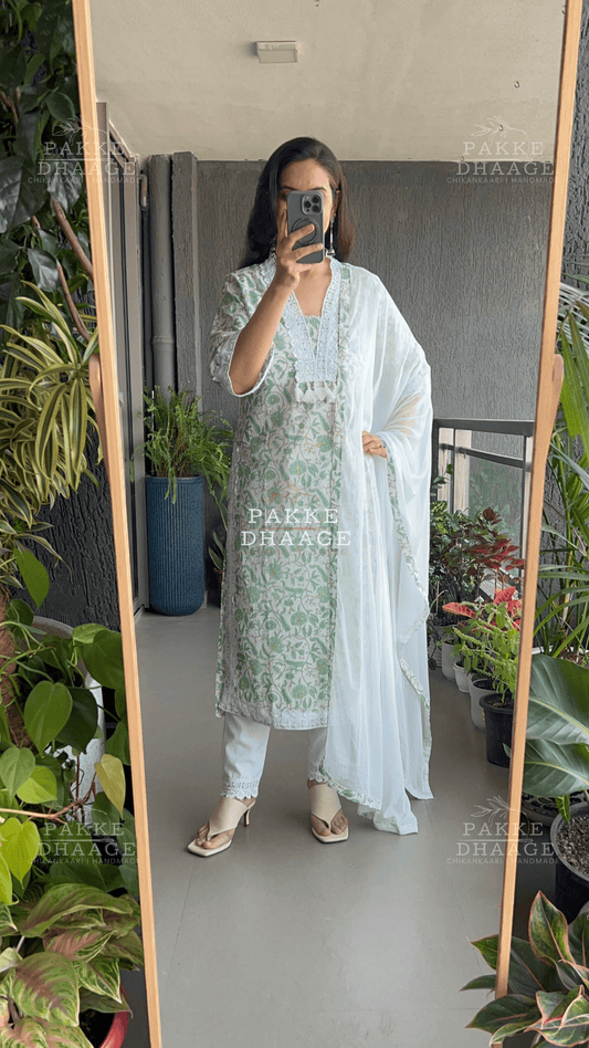 Floral Grace Jaipuri Suit Set - Pistachio Green