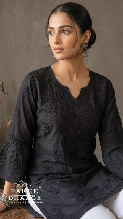Gul Pure Cotton Chikankari Short Kurti - Black