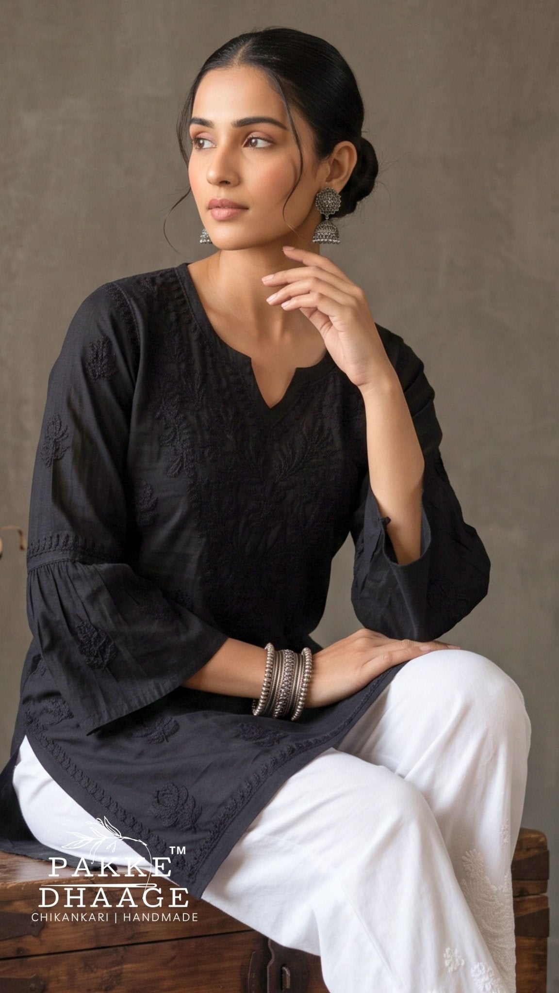 Gul Pure Cotton Chikankari Short Kurti - Black