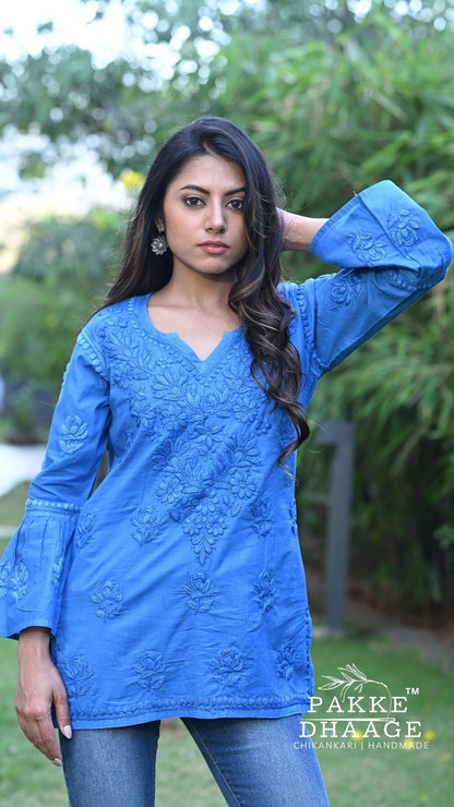 Gul Pure Cotton Chikankari Short Kurti - Monsoon Blue
