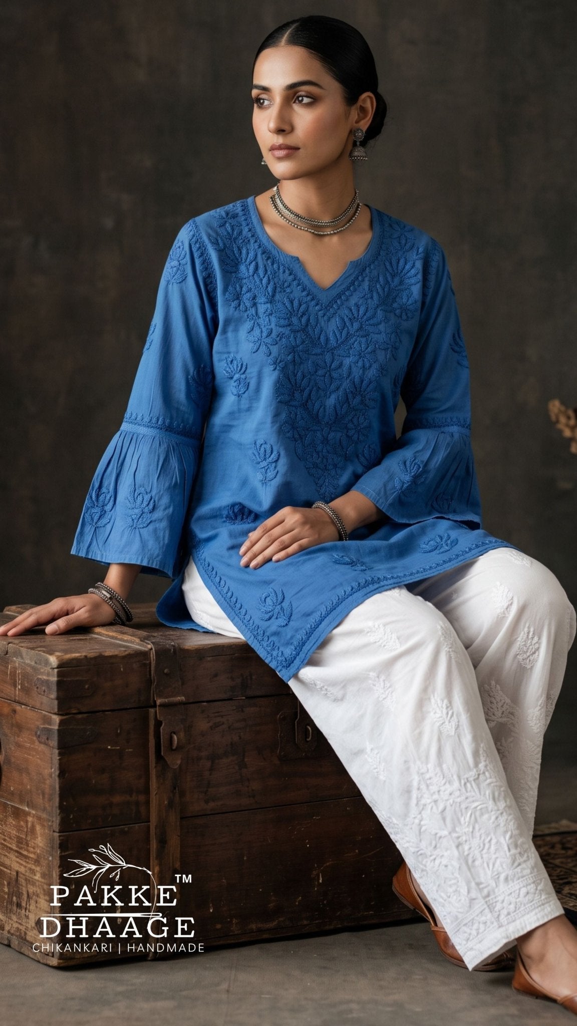 Gul Pure Cotton Chikankari Short Kurti - Monsoon Blue