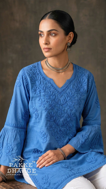 Gul Pure Cotton Chikankari Short Kurti - Monsoon Blue