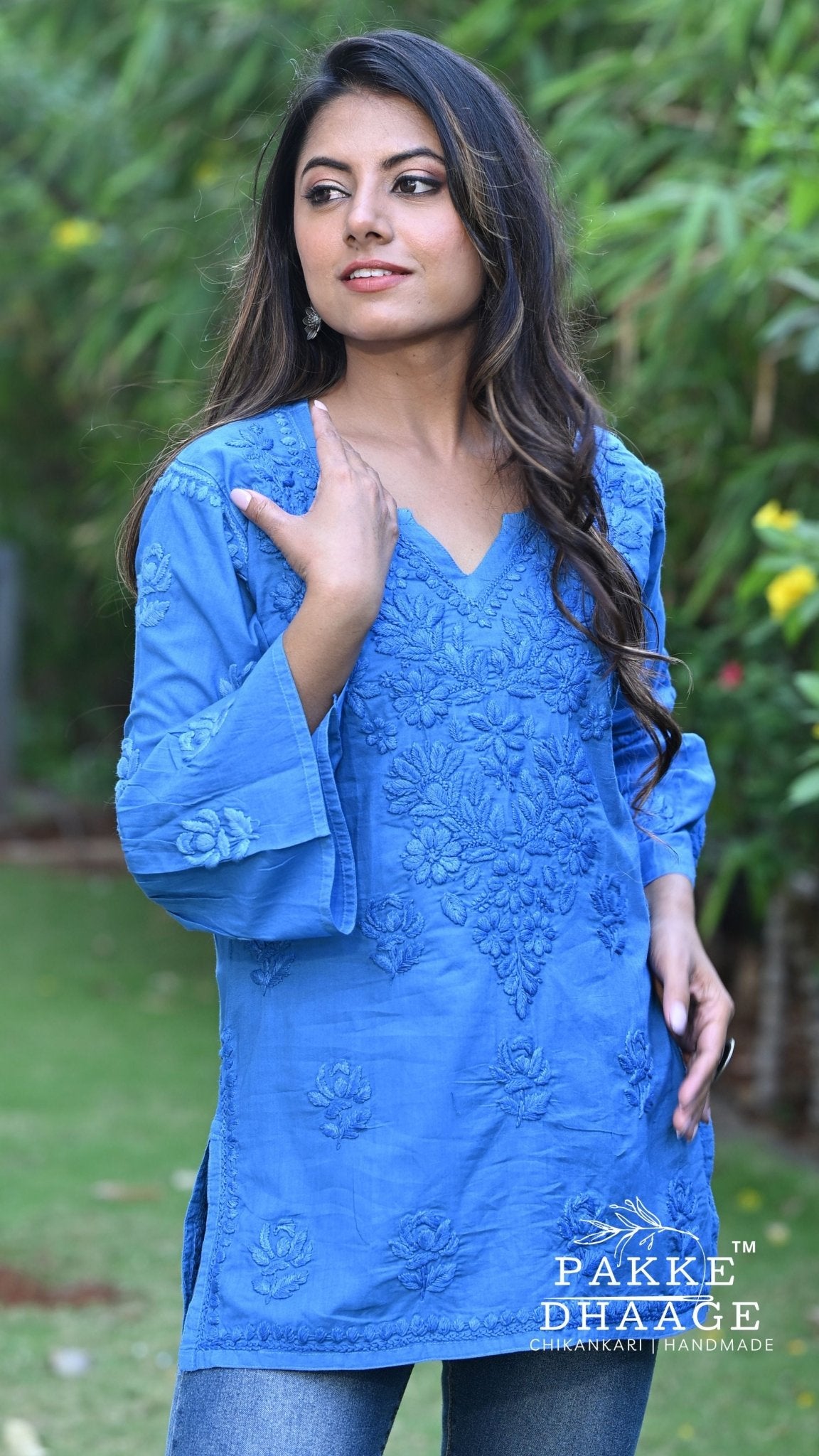 Gul Pure Cotton Chikankari Short Kurti - Monsoon Blue