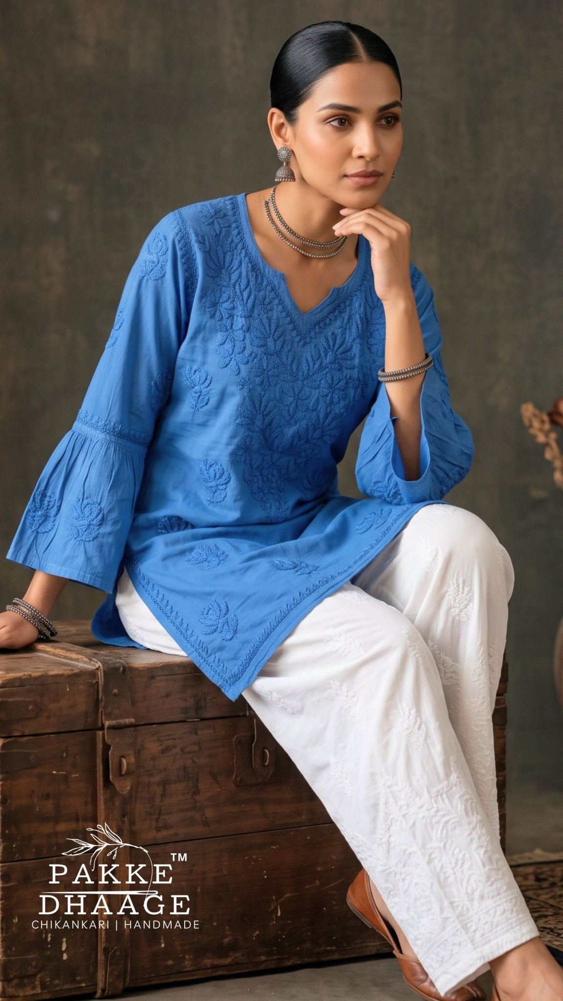 Gul Pure Cotton Chikankari Short Kurti - Monsoon Blue