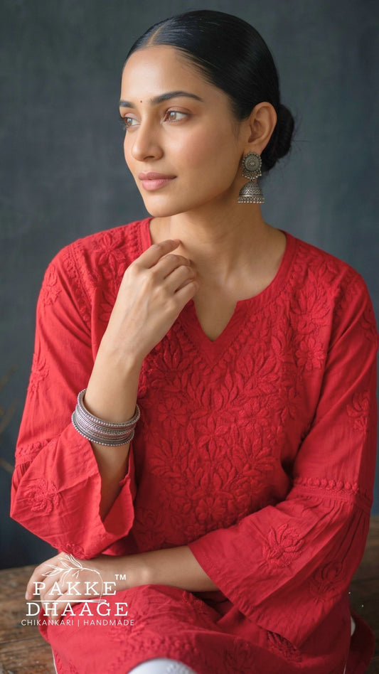 Gul Pure Cotton Chikankari Short Kurti - Red