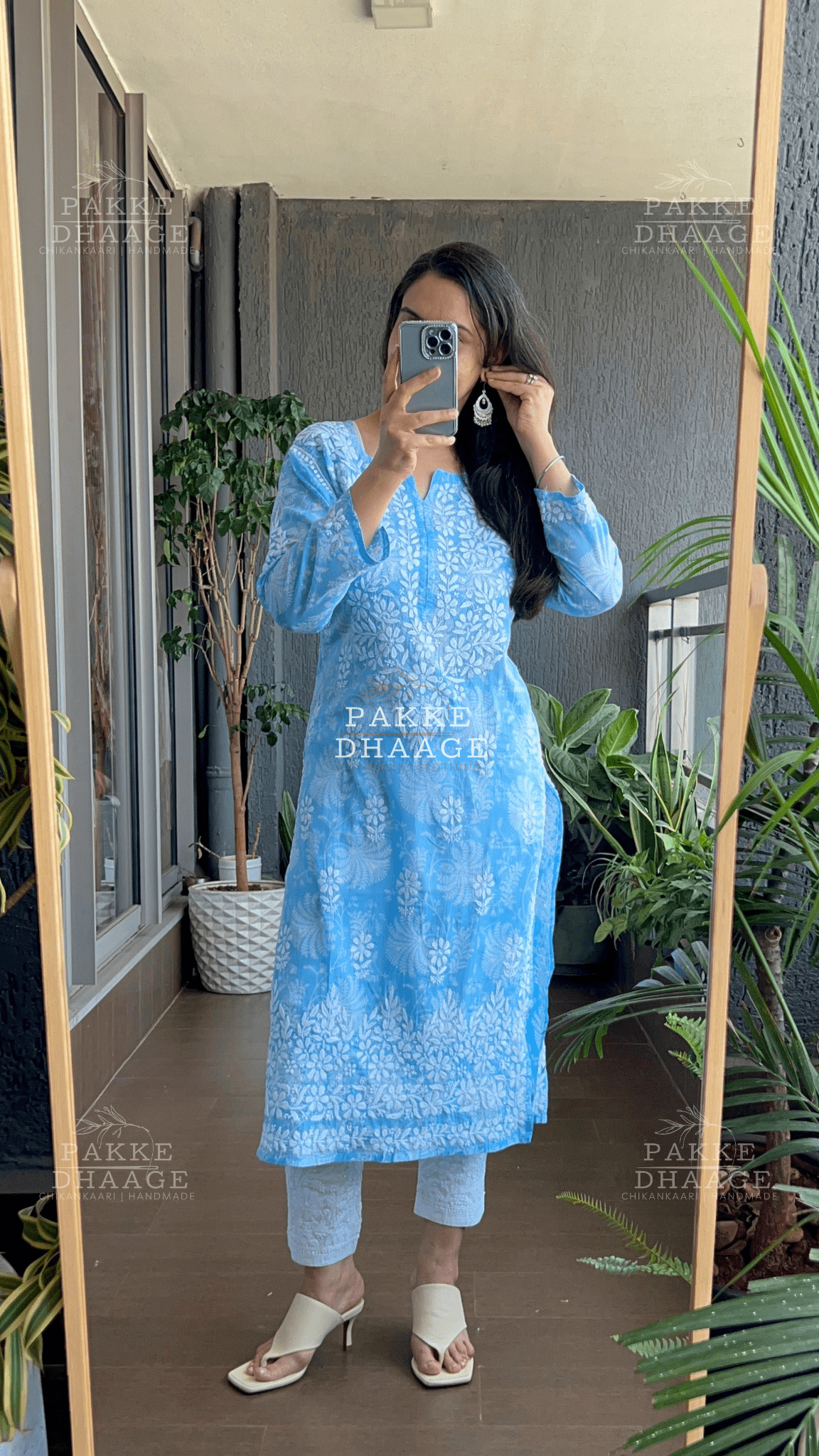 Gulnar Printed Mulmul Kurta - Blue Sky