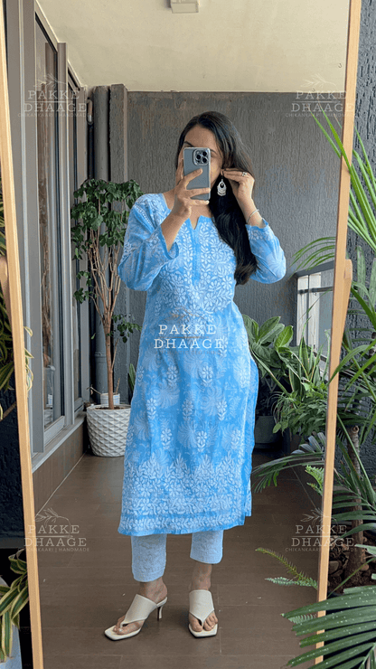 Gulnar Printed Mulmul Kurta - Blue Sky