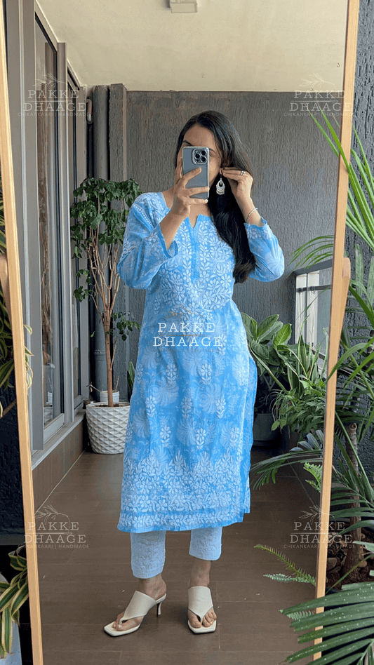 Gulnar Printed Mulmul Kurta - Blue Sky