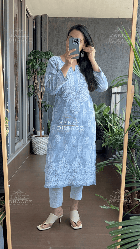 Gulnar Printed Mulmul Kurta - Pastel Grey