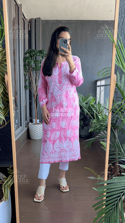 Gulnar Printed Mulmul Kurta - Pink