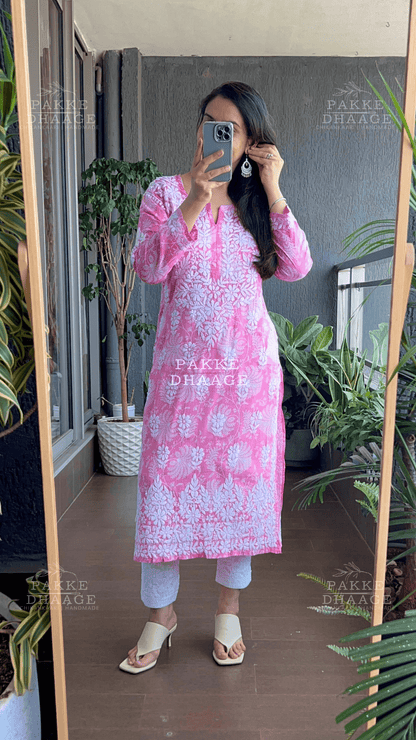 Gulnar Printed Mulmul Kurta - Pink