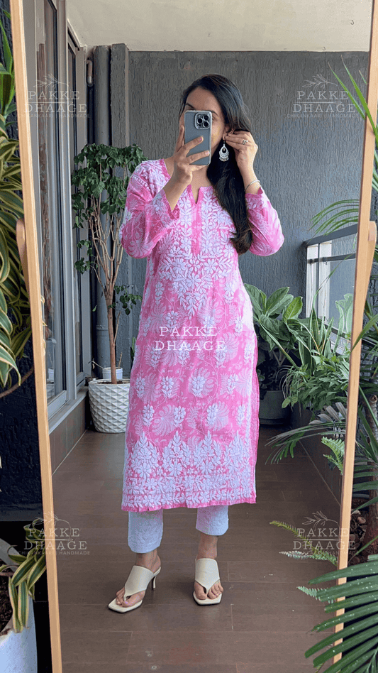 Gulnar Printed Mulmul Kurta - Pink