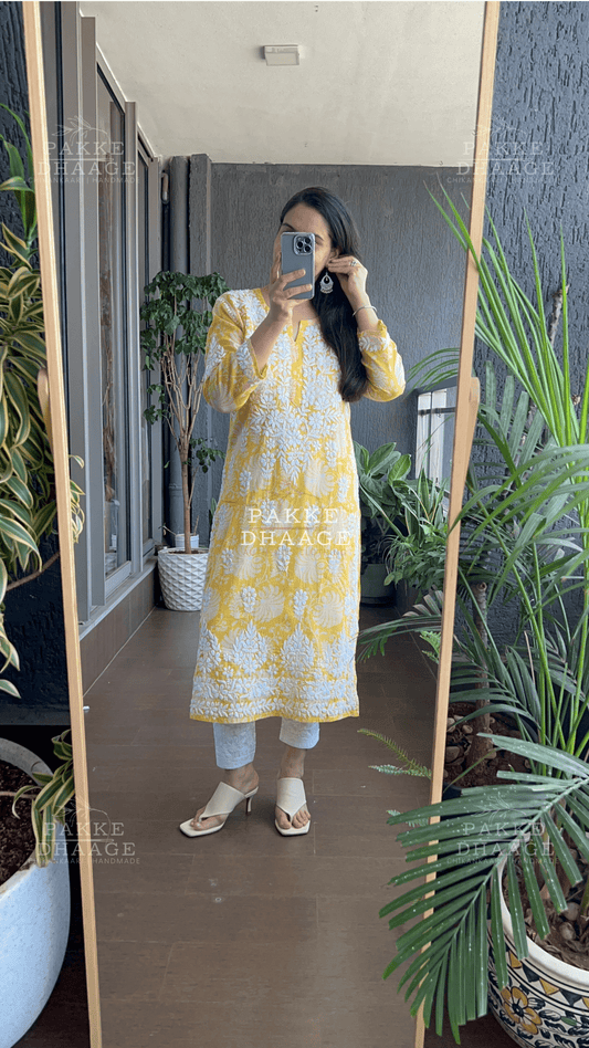 Gulnar Printed Mulmul Kurta - Spring Yellow