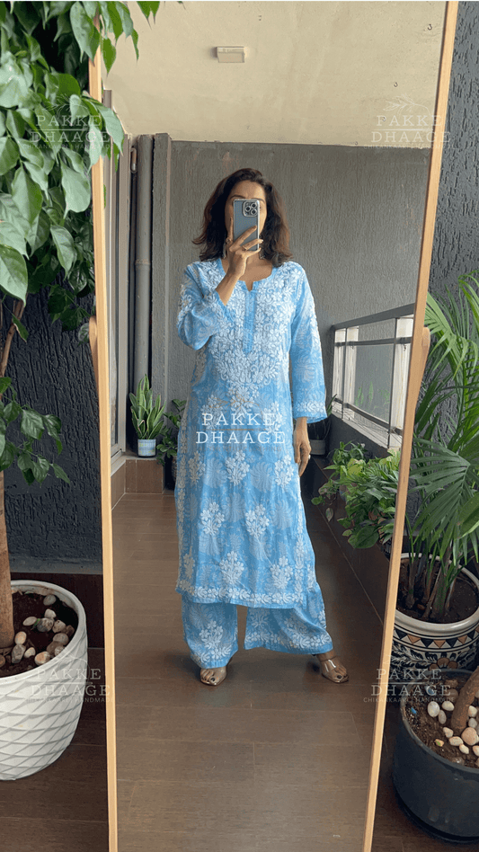 Gulnar Printed Pure Mulmul Kurta Sets - Blue