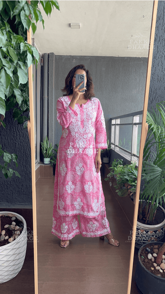 Gulnar Printed Pure Mulmul Kurta Sets - Pink