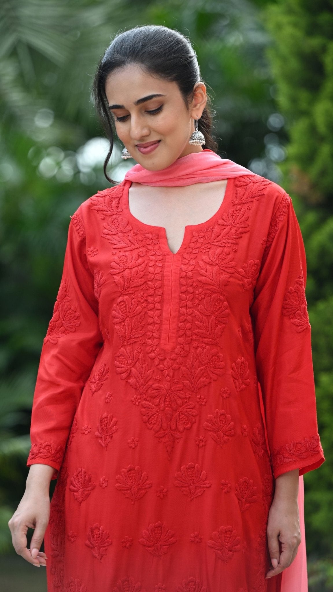 Gulnar Pure Muslin Chikankari Sets with Ombre Dupatta 3-pc Set - Crimson Blush