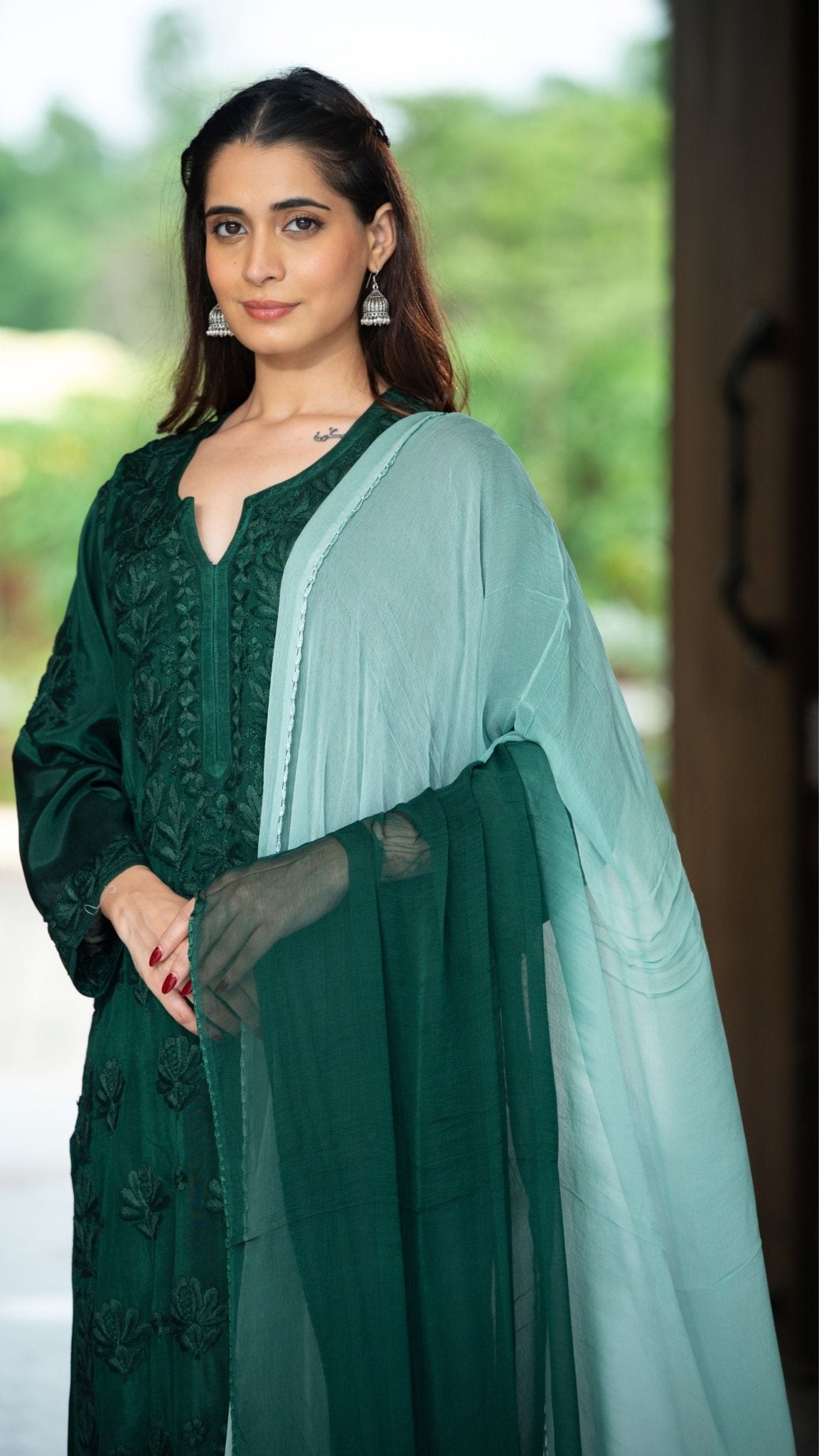 Gulnar Pure Muslin Chikankari Sets with Ombre Dupatta 3-pc Set - Deep Emerald Green