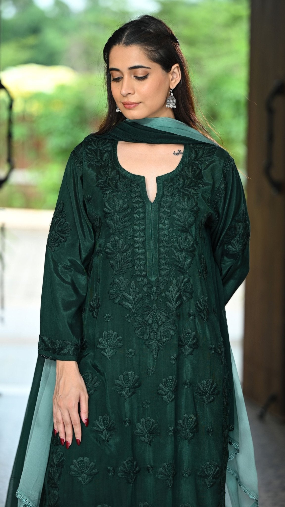 Gulnar Pure Muslin Chikankari Sets with Ombre Dupatta 3-pc Set - Deep Emerald Green