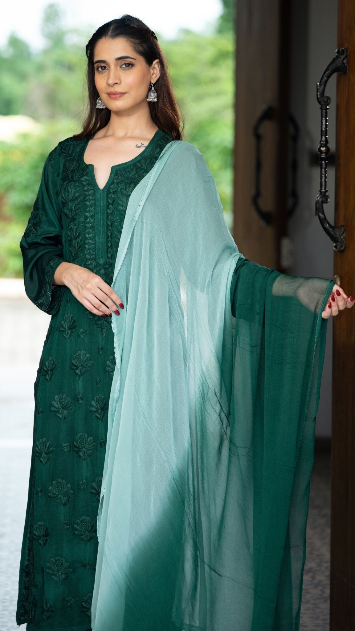 Gulnar Pure Muslin Chikankari Sets with Ombre Dupatta 3-pc Set - Deep Emerald Green