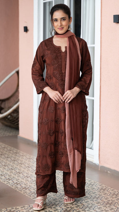 Gulnar Pure Muslin Chikankari Sets with Ombre Dupatta 3-Pc Set - Mocha Blush