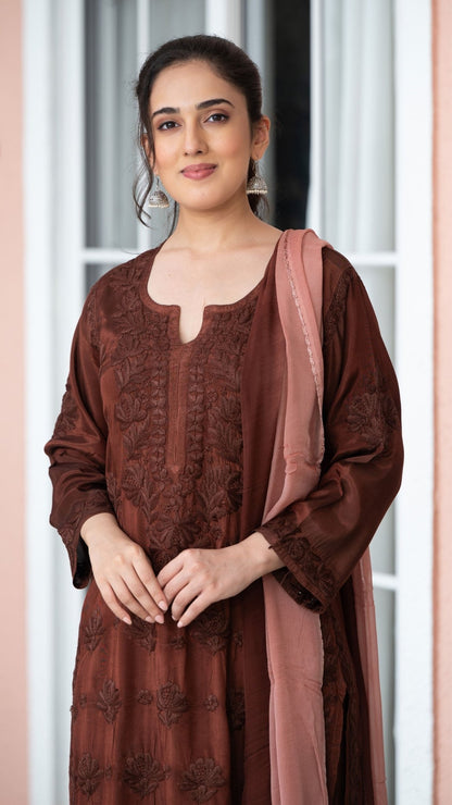 Gulnar Pure Muslin Chikankari Sets with Ombre Dupatta 3-Pc Set - Mocha Blush