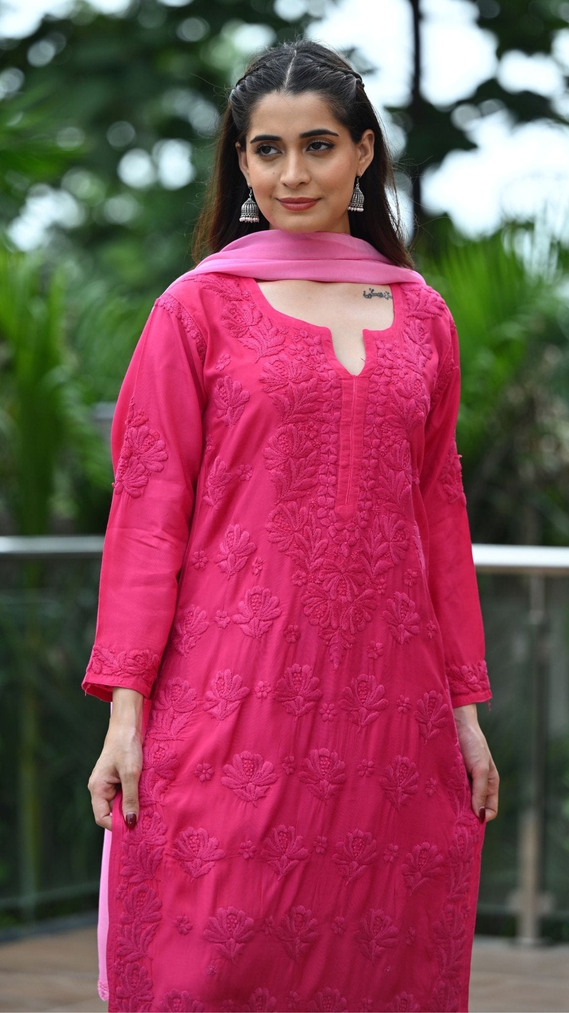 Gulnar Pure Muslin Chikankari Sets with Ombre Dupatta 3-pc Set - Persian Rose